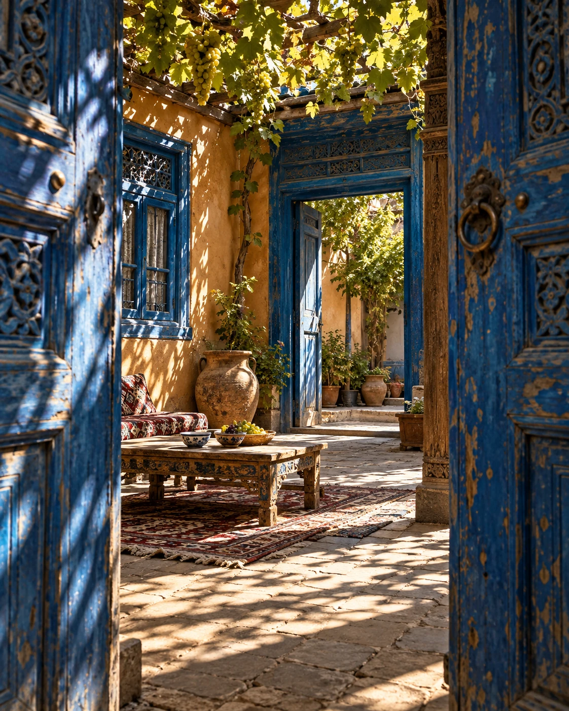 AI-created blue-door courtyard inspired by Yining architecture