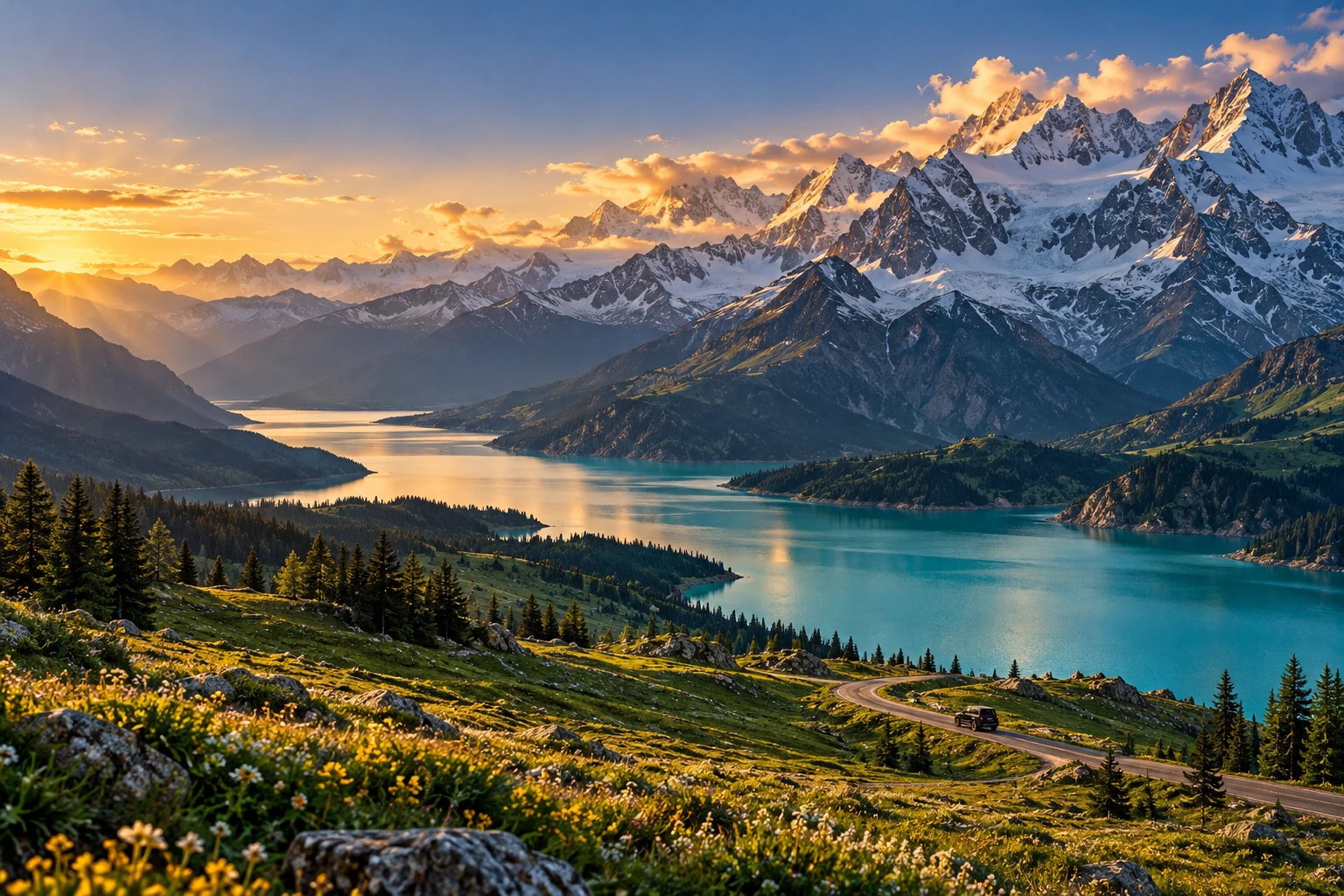 AI-created Xinjiang-inspired panorama of sunlit snowy peaks, an alpine lake and a winding road