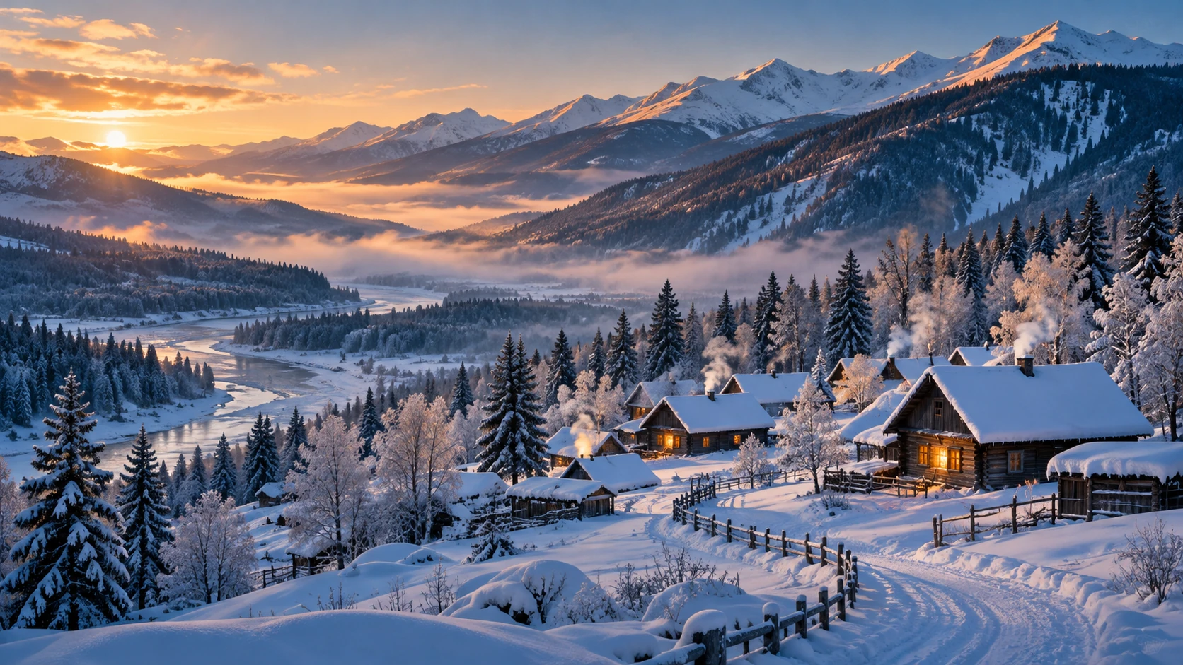 AI-created golden dawn over a snowy village inspired by Hemu